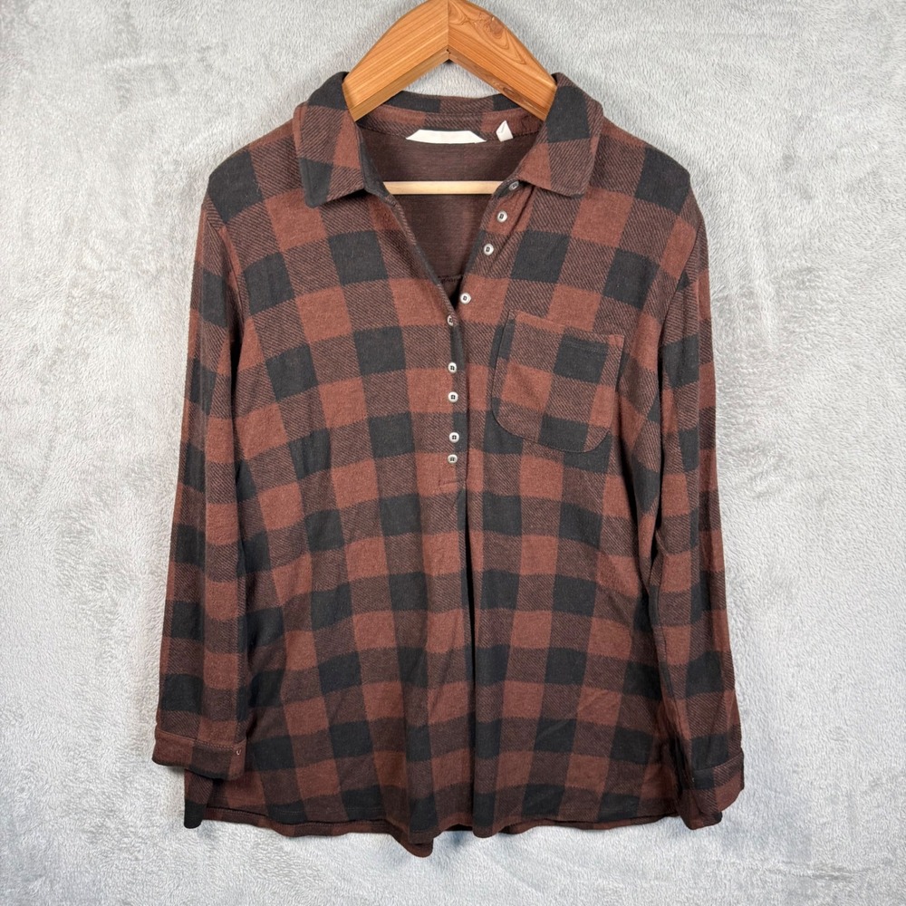 Soft Surroundings Top Women L Brown Plaid Henley L/S Buffalo Check Pocket Tunic